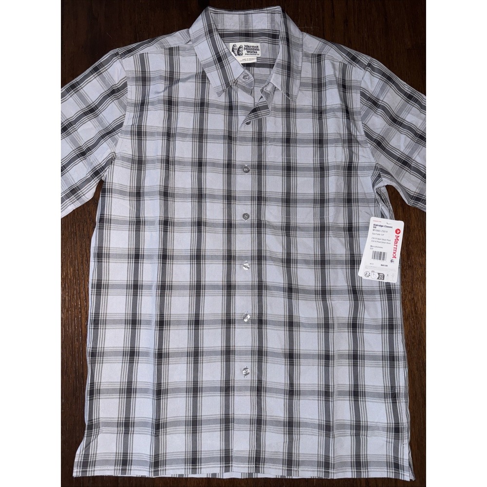 Marmot Eldridge Classic Button Up‎ Shirt Mens S Gray Plaid Short Sleeve Pocket